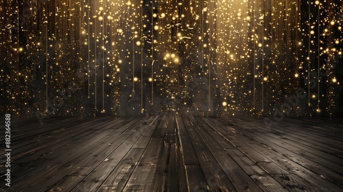 empty space with a dark wood floor and a wall with a chic black and gold New Year's Eve party theme, glowing array of shimmering golden lights arranged beautifully against a black background