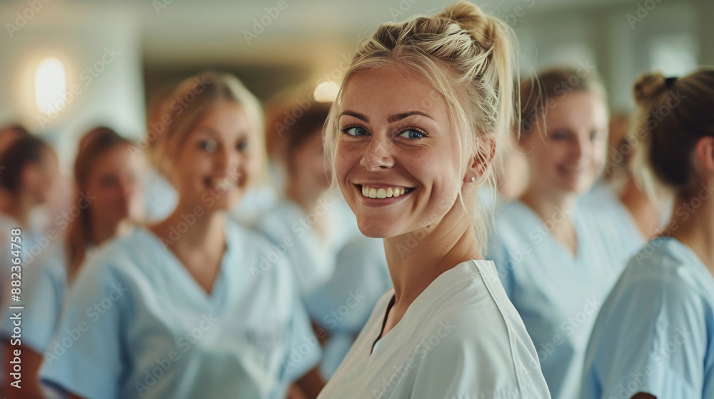 Smiling Nurse in Uniform with Colleagues in Background Smiling Nurse in Uniform with Colleagues in Background