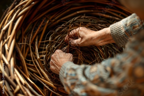 A close-up image of a basket weaver's hands carefully weaving willow twigs into a basket, capturing the intricate details of the craft photo