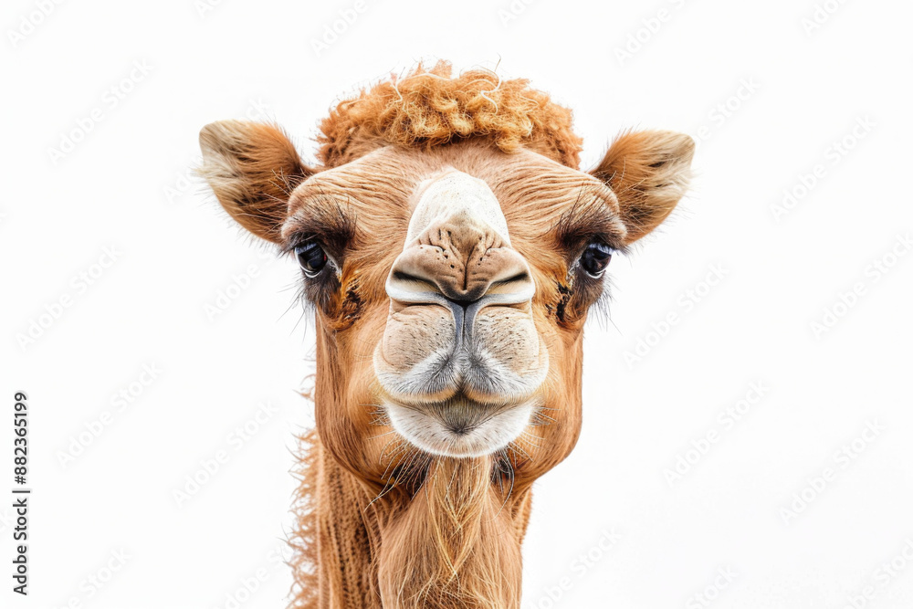 Obraz premium Close-up portrait of a camel's face with a white background