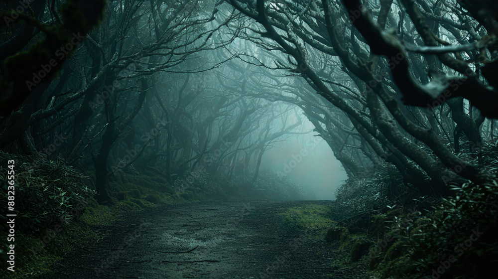 Eerie forest path shrouded in mist and shadow, creating a mysterious and atmospheric scene. Perfect for mood-setting and fantasy themes. Eerie forest path shrouded in mist and shadow, creating a mysterious and atmospheric scene. Perfect for mood-setting and fantasy themes.