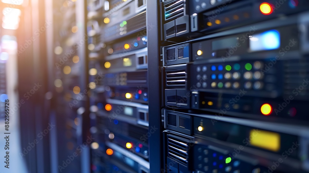 Naklejka premium Server racks in a modern data center cloud technology concept