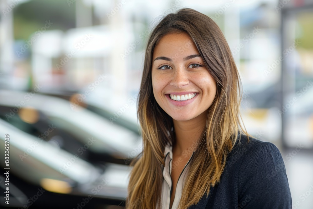 A young female automotive salesperson with long brown hair smiles brightly at the camera inside a car showroom A young female automotive salesperson with long brown hair smiles brightly at the camera inside a car showroom