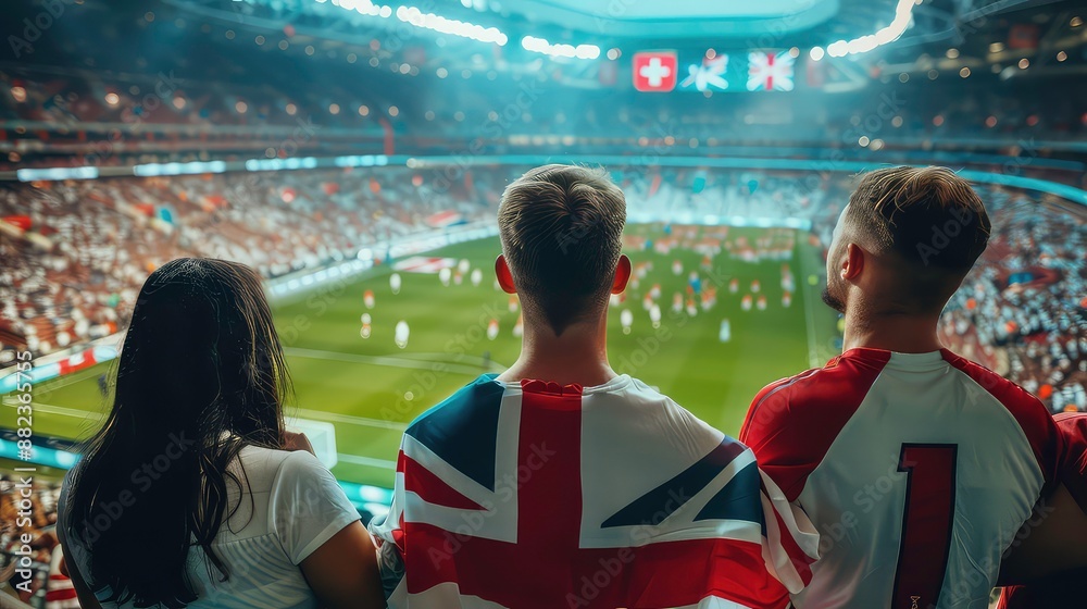 English football soccer fans in a stadium supporting the national team, view from behind, Three Lions. Generated AI English football soccer fans in a stadium supporting the national team, view from behind, Three Lions. Generated AI