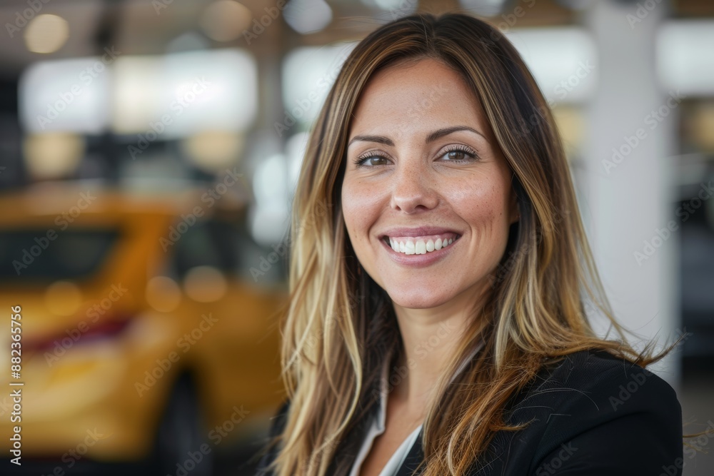 A female automotive salesperson stands in a car showroom, smiling directly at the camera. Her long blonde hair cascades over her shoulders, and she wears a black blazer