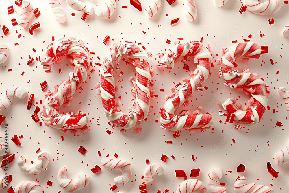 Christmas candy cane in the form of numbers 2025. New year caramel lollipop numbers greeting card and season festive decor. Xmas celebration concept backdrop. Top view. Flat lay Christmas candy cane in the form of numbers 2025. New year caramel lollipop numbers greeting card and season festive decor. Xmas celebration concept backdrop. Top view. Flat lay