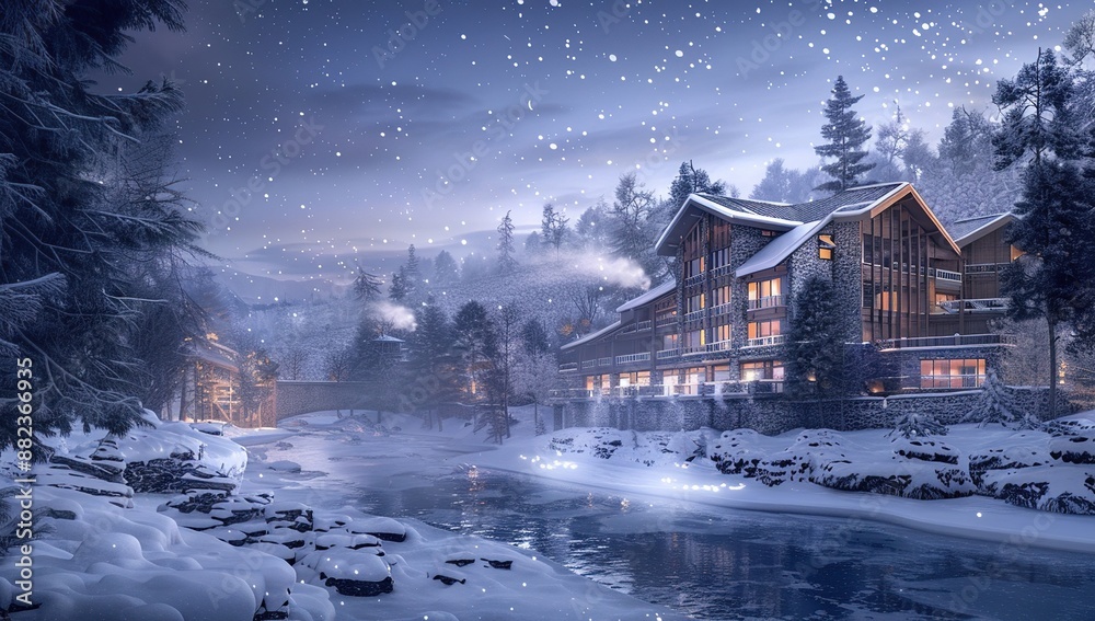 Fototapeta premium Snowfall Over a Cozy Winter Lodge