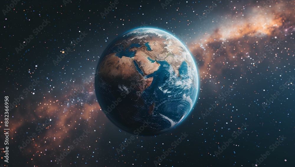 A realistic photo of Earth in space, centered and zoomed out, with stars behind it. The planet is in focus against an abstract background that suggests vastness and cosmic beauty A realistic photo of Earth in space, centered and zoomed out, with stars behind it. The planet is in focus against an abstract background that suggests vastness and cosmic beauty