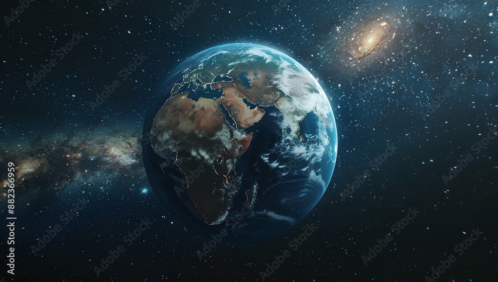 Obraz premium cinematic shot of the earth floating in space, there is an alien on top holding onto it, black background, galaxy around the planet, movie scene
