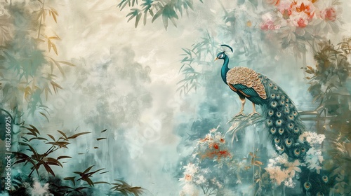 Vintage wallpaper of an exotic jungle with peacocks, bamboo groves and tropical rains in soft pastel colors. mural art style. 