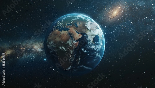 cinematic shot of the earth floating in space, there is an alien on top holding onto it, black background, galaxy around the planet, movie scene