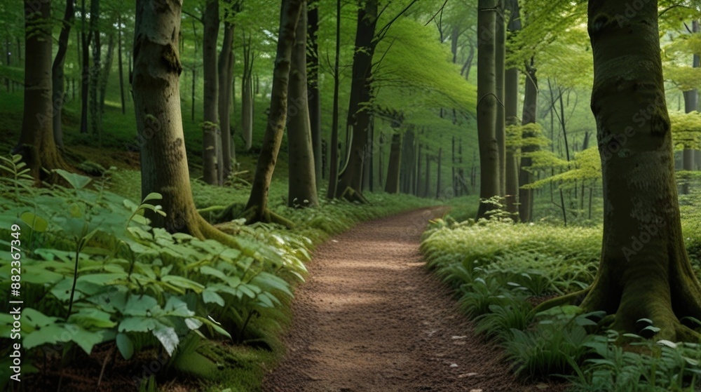 Walkway in a green spring forest Walkway in a green spring forest