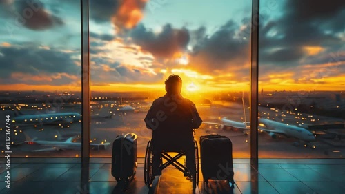 man in a wheelchair with luggage at the airport.