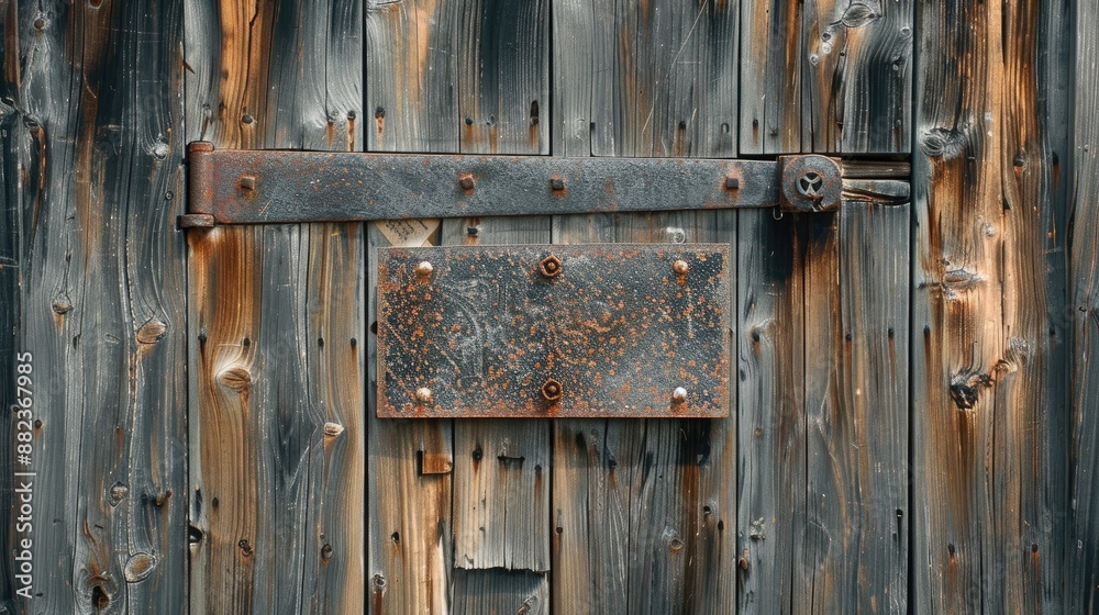 Rustic wooden door with old metal information sign Rustic wooden door with old metal information sign