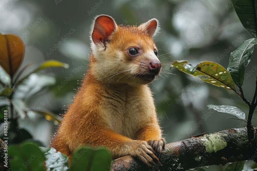 A tree kangaroo climbing high branches in the New Guinea rainforest, its vibrant reddish-brown fur and powerful limbs in full display. A tree kangaroo climbing high branches in the New Guinea rainforest, its vibrant reddish-brown fur and powerful limbs in full display.