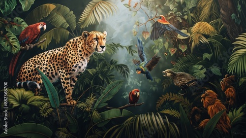 Fototapeta Naklejka Na Ścianę i Meble -  Vintage wallpaper of dense jungle with cheetahs and exotic birds, pastel color, oil painting style. 