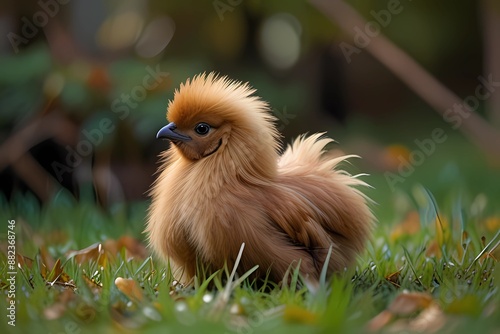 Cute brown silkie hen in autumm bakcground. Brown silkie hen on green grass with colorful leaves in autumm season
 photo