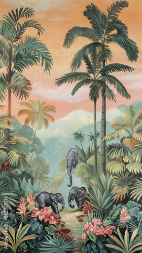 Vintage wallpaper of dense jungle with pastel colors, illustrating macaws and elephants in the background, oil painting. 