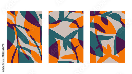 Set of 3 Botanical background. Abstract plant shapes. Minimalist illustration for printing on wall decorations.