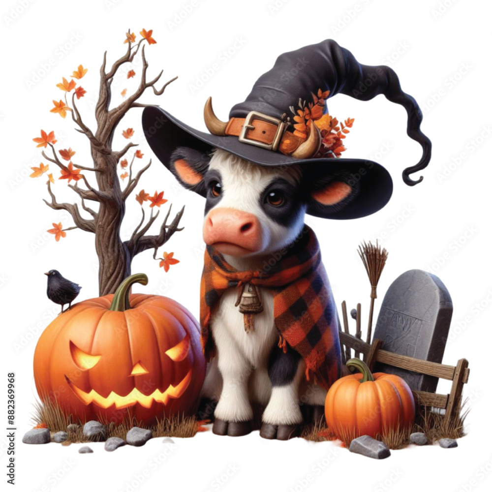 Fototapeta premium Halloween Cow witch Watercolor Clipart