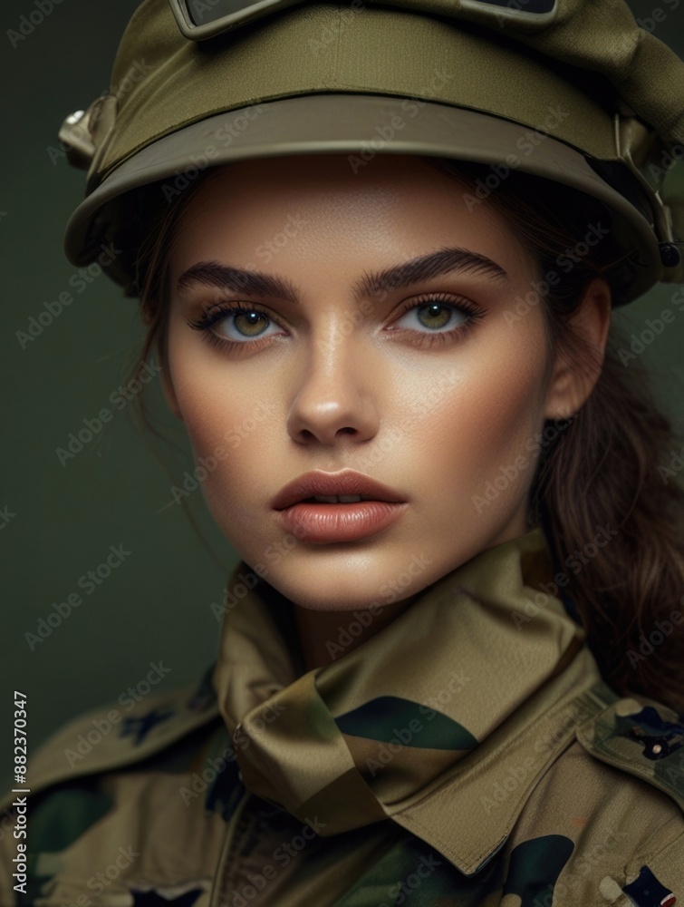 A woman wearing an Army costume A woman wearing an Army costume
