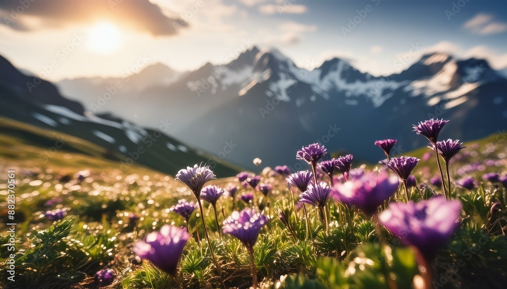 Fototapeta premium Majestic Peaks and Wild Blooms: A Stunning Rocky Mountain Plateau Scene. Generative AI