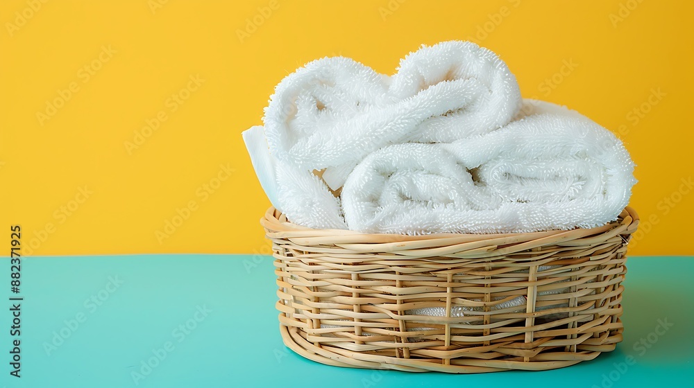 White hand towels in a wicker basket on yellow and turquoise background White hand towels in a wicker basket on yellow and turquoise background