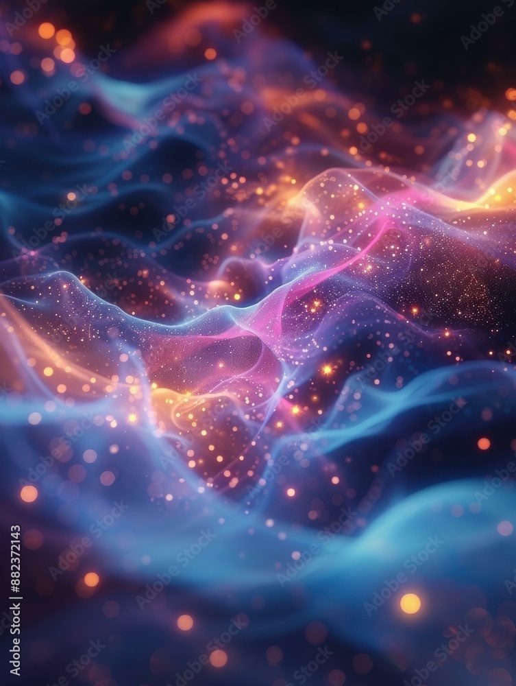 Glowing blue and purple waves with sparkles. AI. Glowing blue and purple waves with sparkles. AI.