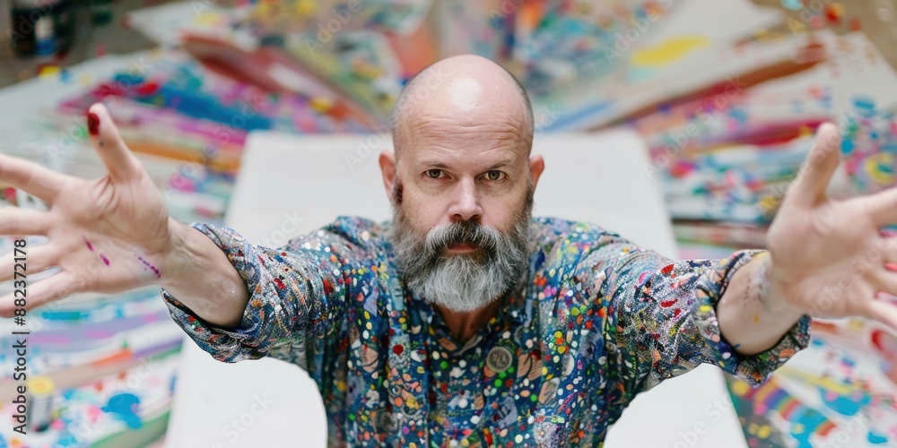 Naklejka premium A man covered in paint stands in a room full of colorful paintings. AI.