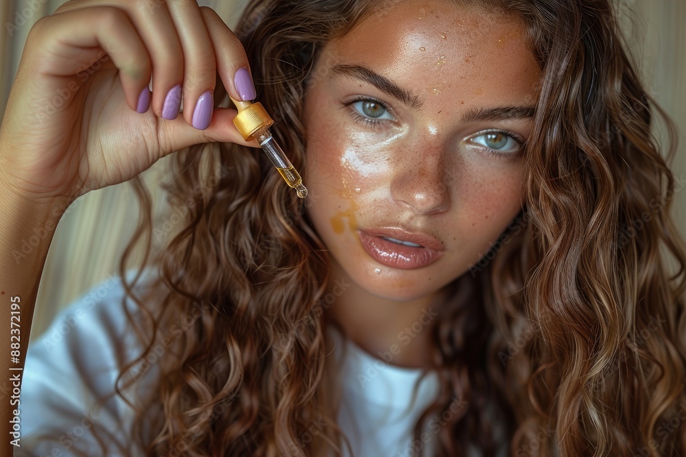 Focused young woman holds and examines hair care serum with a curious expression in her home Focused young woman holds and examines hair care serum with a curious expression in her home