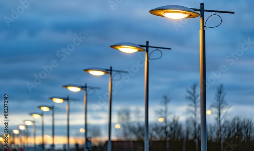 Illuminated street lights at dusk. AI.