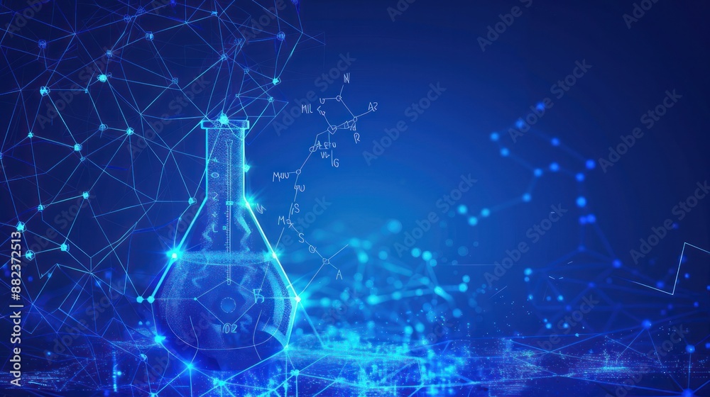 Science chemistry concept illustrated with a polygonal lab tube on a technologythemed blue background with chemical formulas depicting a digital laboratory test in an abstract vector