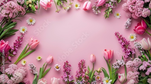 Pink flowers and green leaves on a pink background. AI.