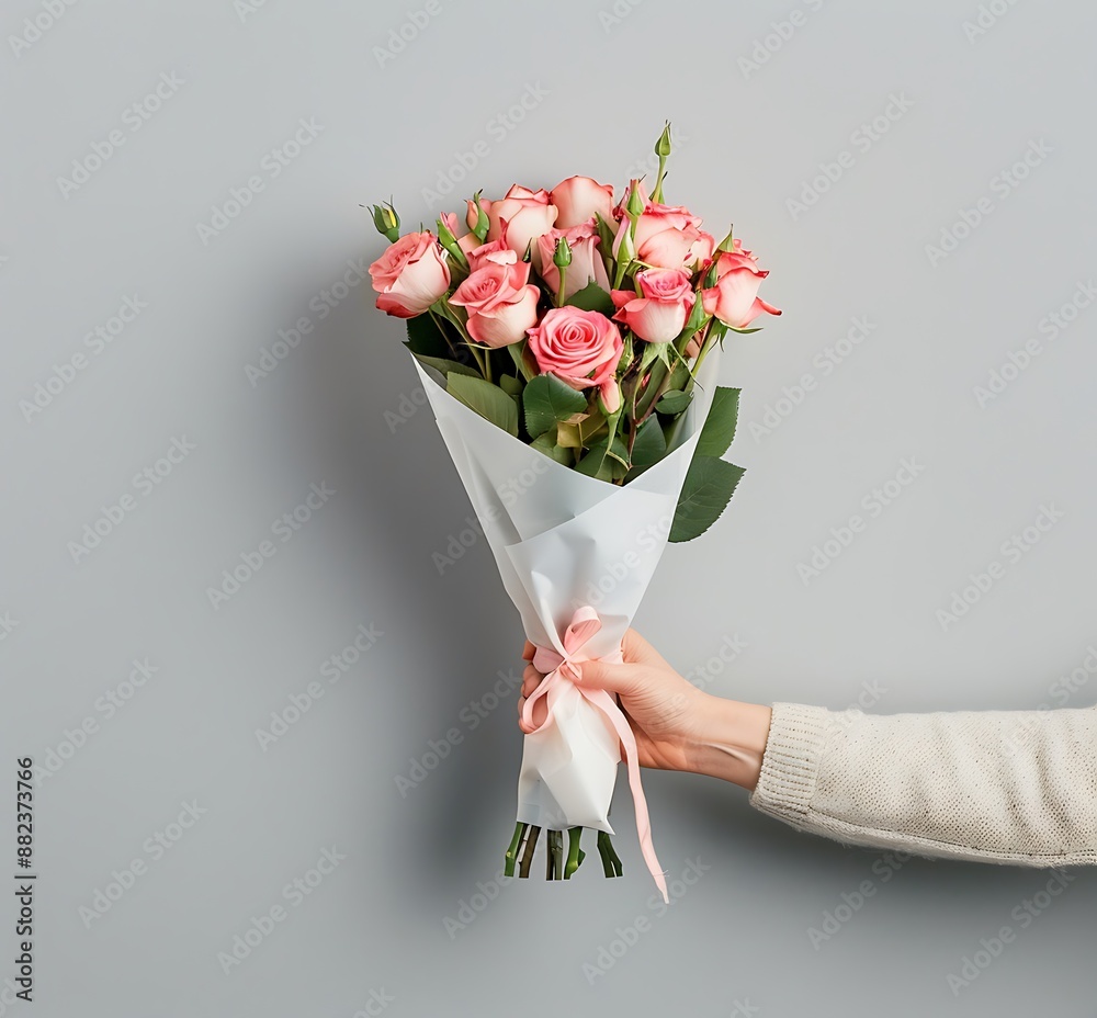 Φωτογραφία Photo of hands giving a bouquet of roses wrapped in pink and white paper to anot