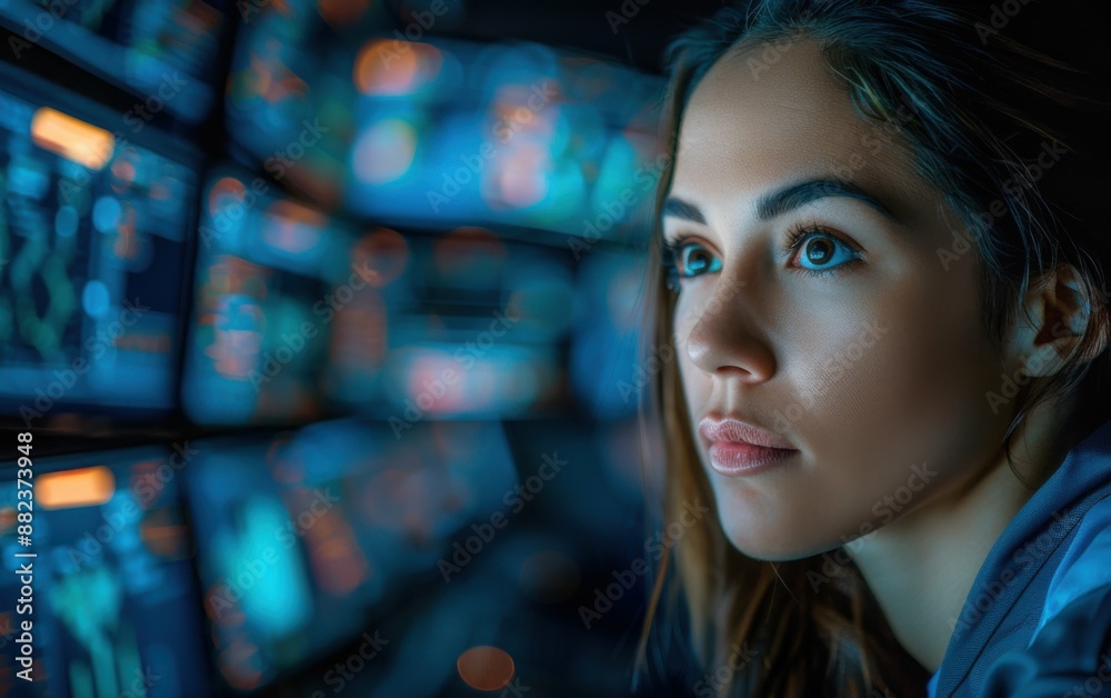 A woman is looking at a computer screen with many monitors. She has a serious expression on her face A woman is looking at a computer screen with many monitors. She has a serious expression on her face