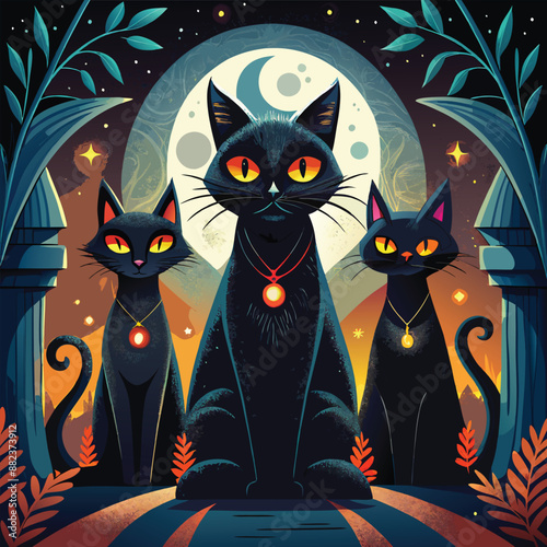 Mysterious black cats with arched backs and glowing eyes are often seen as Halloween symbols.