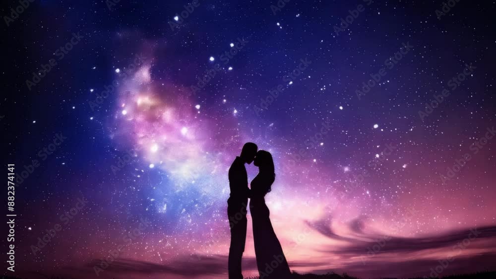 Couple kissing under the stars, romantic couple sharing a passionate ...