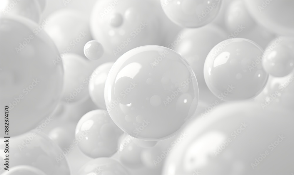 Abstract background with white spheres floating in the air on a light grey backdrop. Minimalist and modern design. Different sized spheres. Elegant atmosphere. Abstract background with white spheres floating in the air on a light grey backdrop. Minimalist and modern design. Different sized spheres. Elegant atmosphere.
