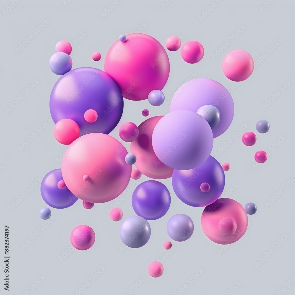 Fototapeta premium Pink and purple matte soft chaotic balls in different sizes Abstract random flying spheres
