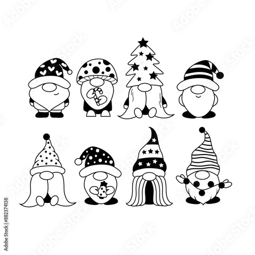 Cute outline scandinavian gnomes. Cartoon christmas gnomes for coloring page. Line art vector gnomes