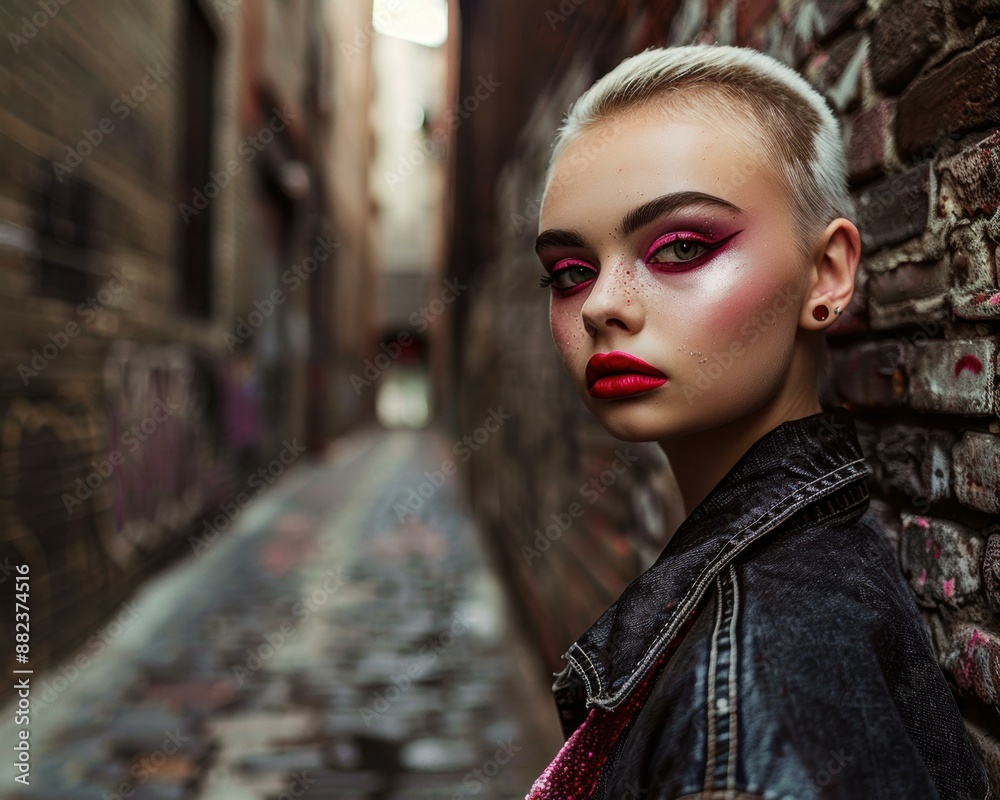 Portrait of a young woman with short hair and bright makeup. AI. Portrait of a young woman with short hair and bright makeup. AI.