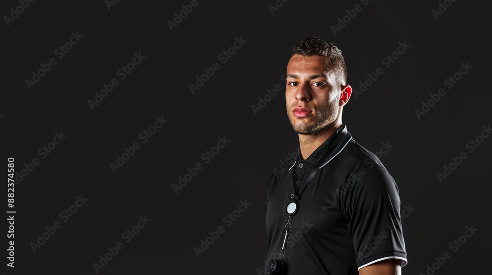 Studio portrait of a soccer referee on black background Studio portrait of a soccer referee on black background