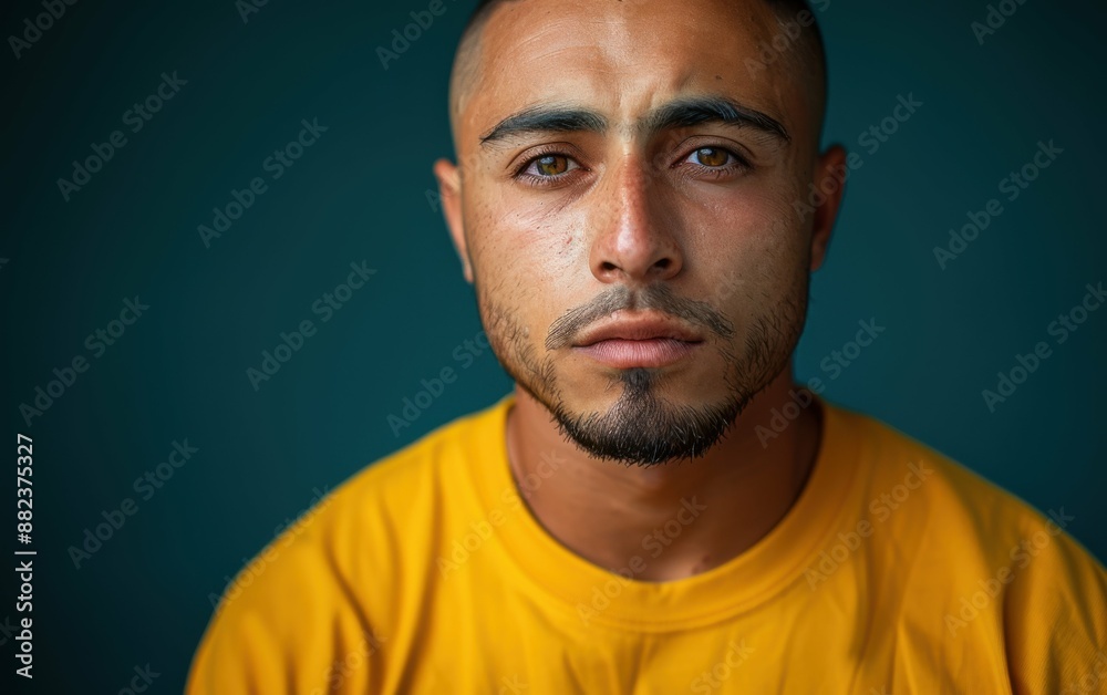 A man with a beard and a yellow shirt is looking at the camera. The image has a serious and focused mood A man with a beard and a yellow shirt is looking at the camera. The image has a serious and focused mood