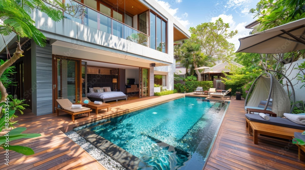 real Exterior design of spacious modern luxury pool villa. Feature wooden decking, sun bed, big swimming pool and greenery garden , home , house real Exterior design of spacious modern luxury pool villa. Feature wooden decking, sun bed, big swimming pool and greenery garden , home , house