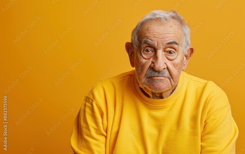An old man with a mustache and glasses is wearing a yellow shirt and looking at the camera. Concept of curiosity and contemplation, as the man is deep in thought An old man with a mustache and glasses is wearing a yellow shirt and looking at the camera. Concept of curiosity and contemplation, as the man is deep in thought