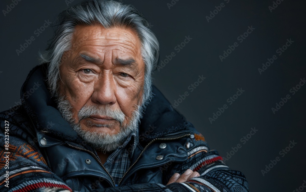 A man with a beard and gray hair is wearing a black jacket and a red and white striped shirt. He is looking at the camera with a serious expression A man with a beard and gray hair is wearing a black jacket and a red and white striped shirt. He is looking at the camera with a serious expression