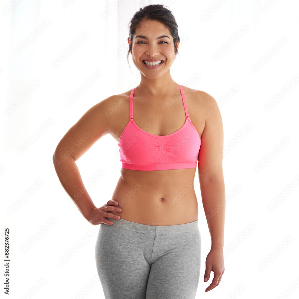 Portrait, smile or woman in studio for abs, fitness routine and activewear on white background. Proud female person, sports bra or healthy athlete ready for training, workout or bodybuilding exercise Portrait, smile or woman in studio for abs, fitness routine and activewear on white background. Proud female person, sports bra or healthy athlete ready for training, workout or bodybuilding exercise