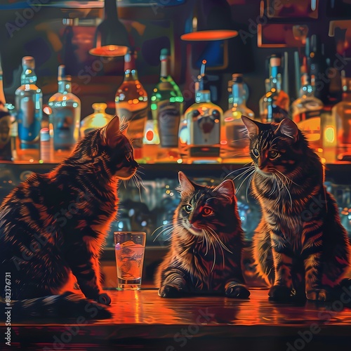 there are three cats sitting inside the bar at night 