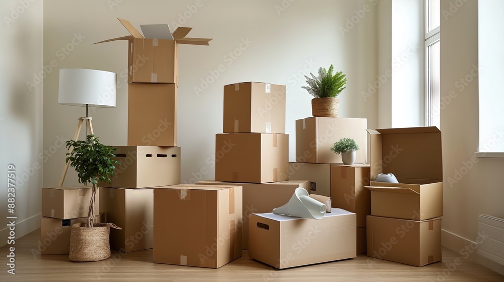Boxes with stuff in a new apartment suggesting moving in new location Boxes with stuff in a new apartment suggesting moving in new location