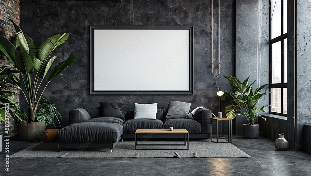 Modern Minimalist Living Room with Black Sofa and Large Empty Canvas